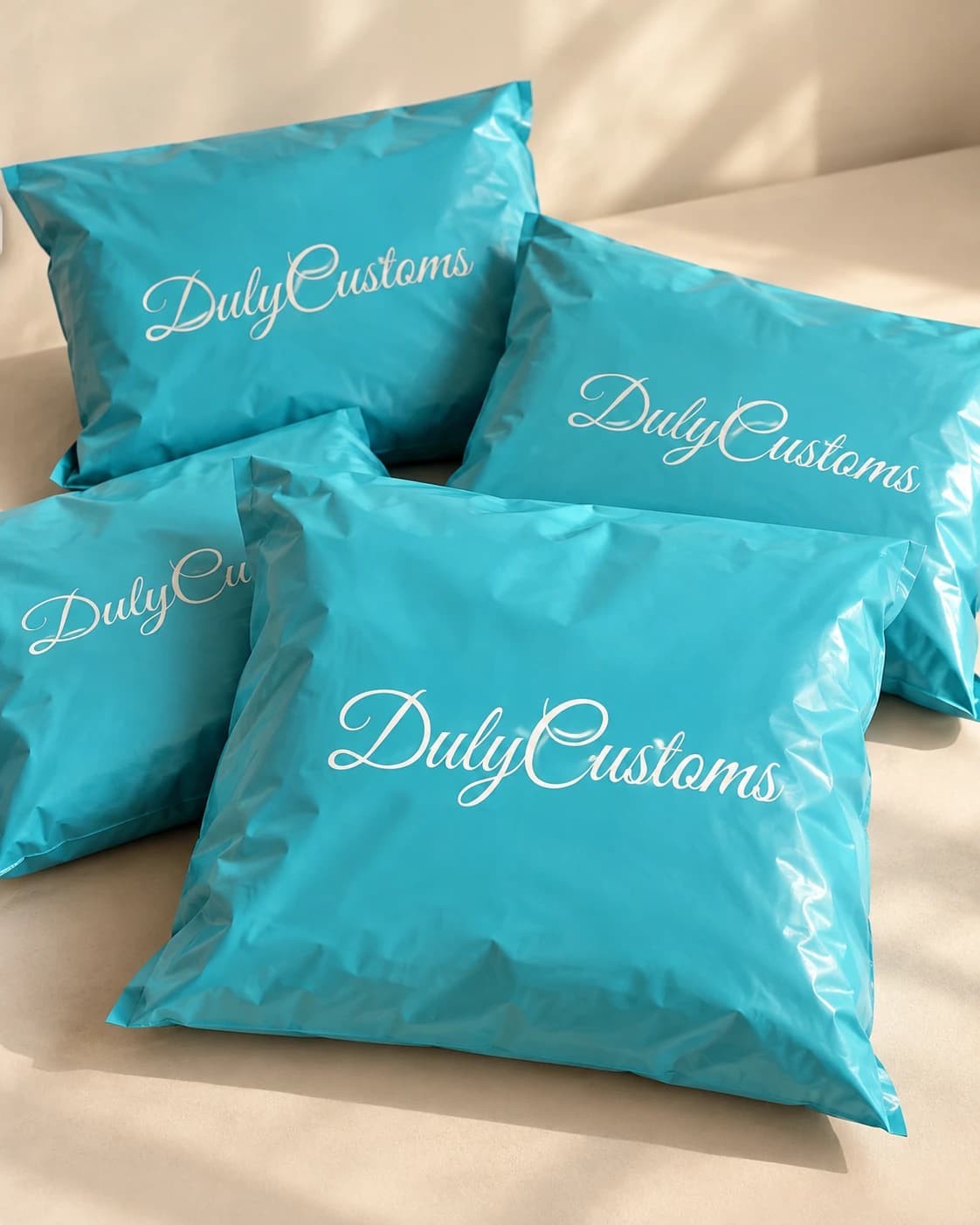 Turquoise DulyCustoms shipping bags ready to send